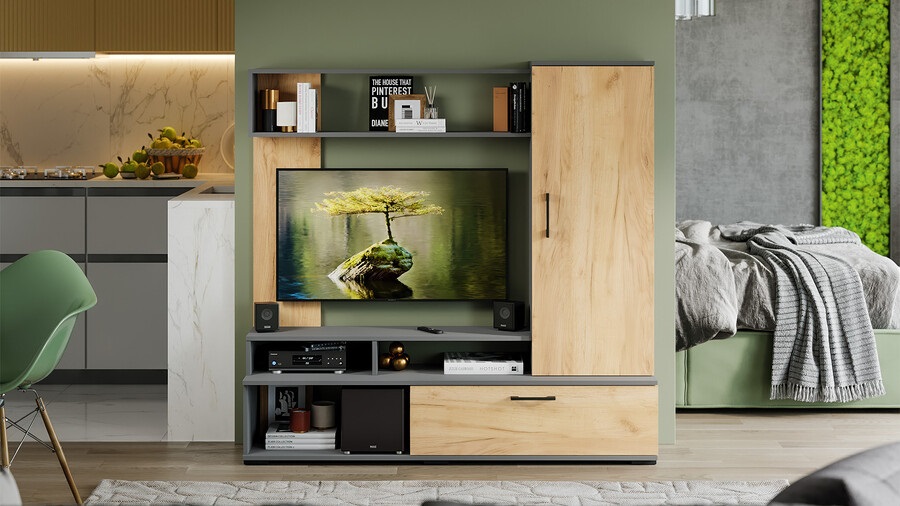 Стенка «Сиена» Графит Серый, Дуб Крафт золотой Стенка «Сиена» Графит Серый, Дуб Крафт золотой