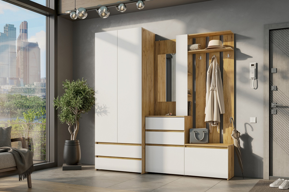 Вешалка с зеркалом "Некст" Дуб Золотой/Белый