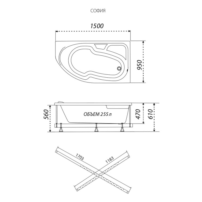 Ванна обрезанная София 150-правая 1500Х950Х610