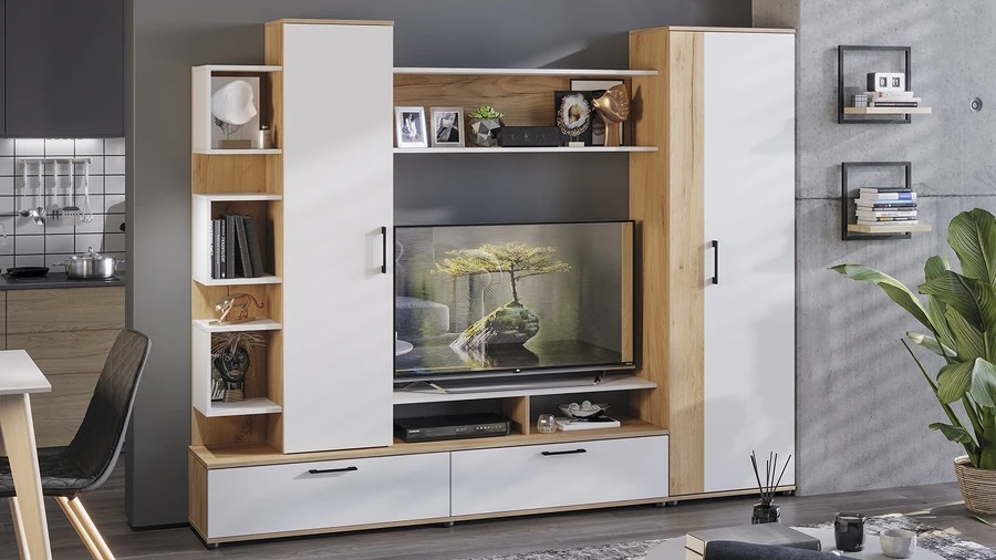 Стенка «Дакота» Дуб Крафт золотой, Белый Ясень