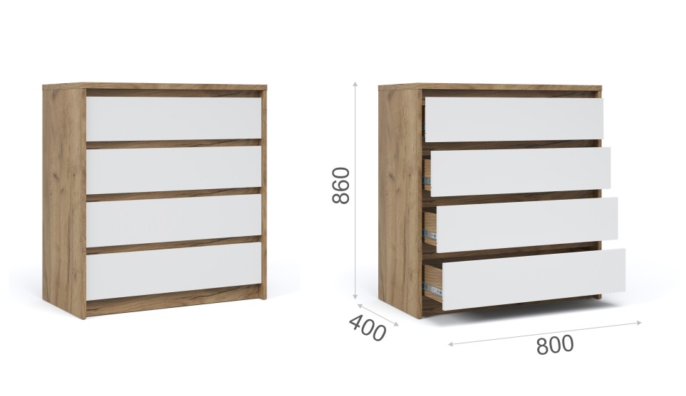 Комод "Мишель" 4 ящика Белый/Дуб крафт золотой